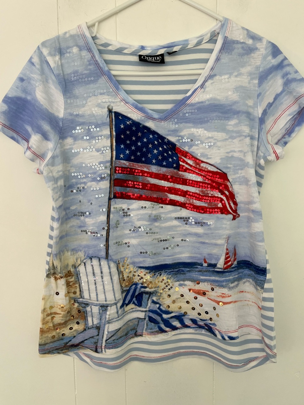 Onque Casual Petite Sequin American Flag Beach Tee Top Shirt Size PLarge
